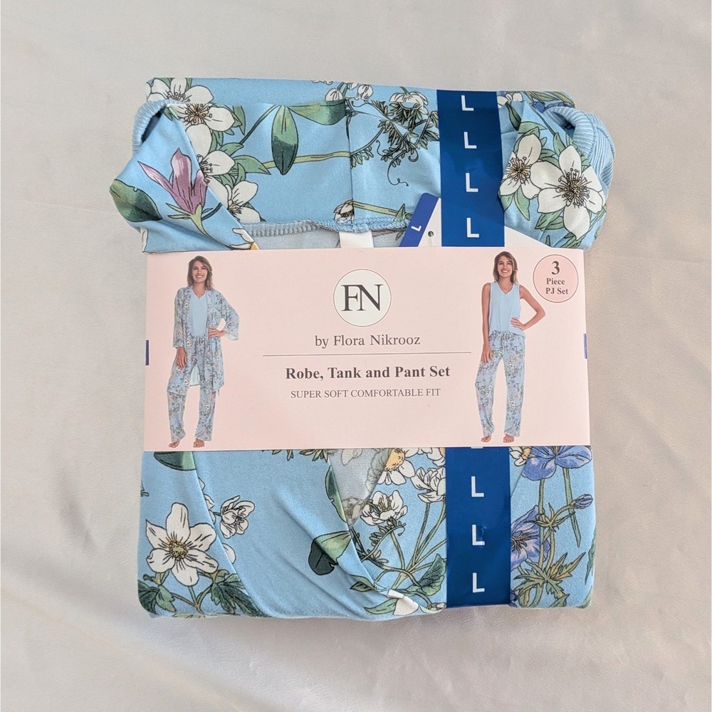 New Flora Nikrooz Women's 3-piece Pajama Robe Set Blue Floral Large (10-12)